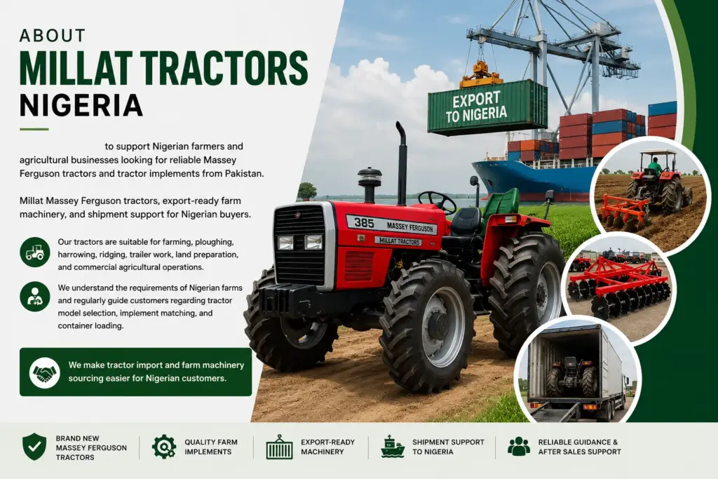 About Millat Tractors Nigeria showing Massey Ferguson tractor, farm implements, container loading and export support for Nigerian farmers