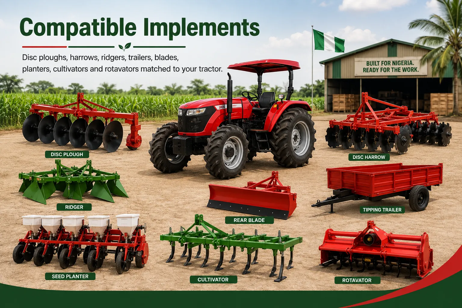 Farm machinery and tractor implements for Nigerian farms including plough, harrow, ridger, trailer, blade, planter and rotavator
