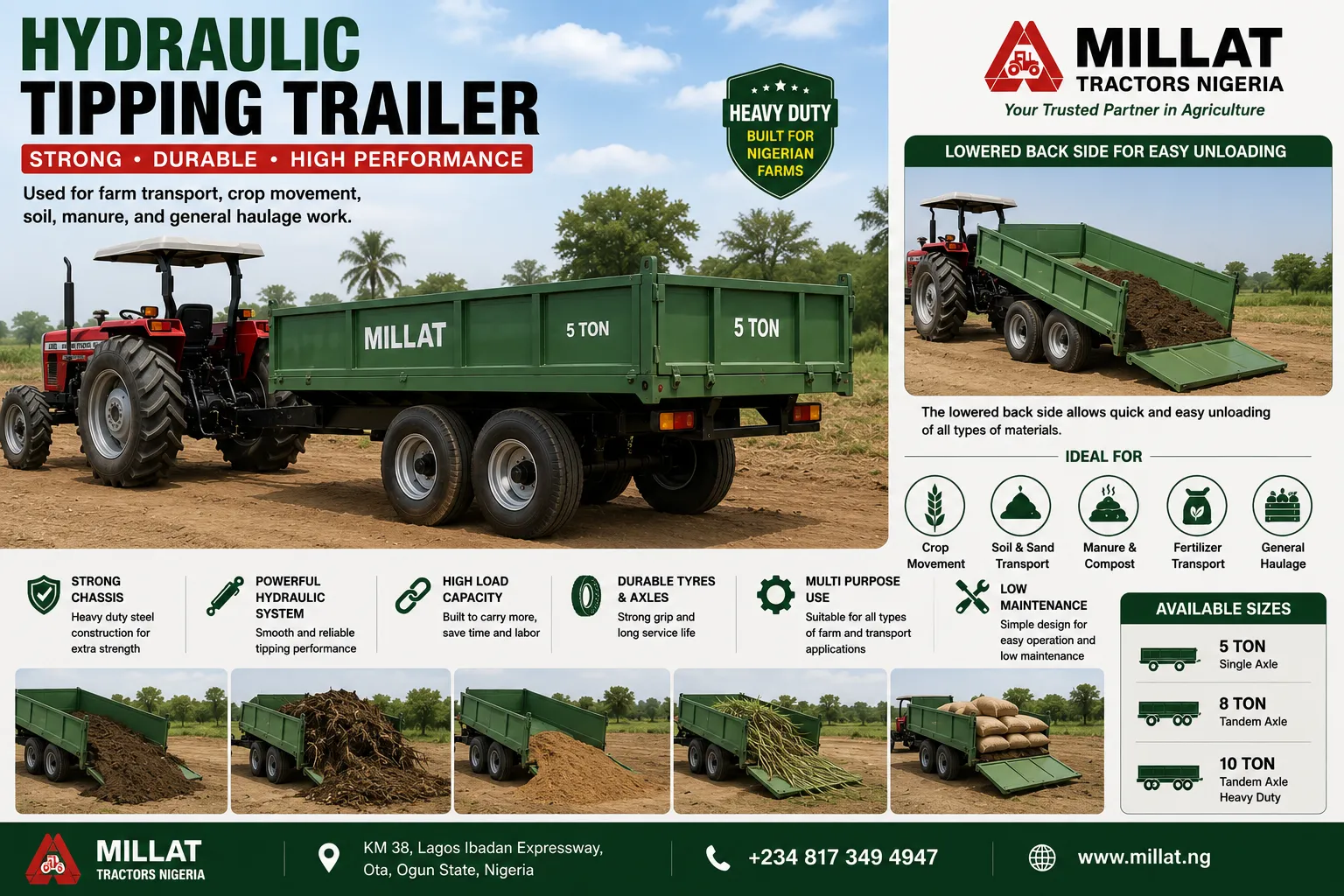Hydraulic tipping trailer spare parts for Nigeria including hydraulic cylinder, pump, tyres, rims and trailer chassis parts