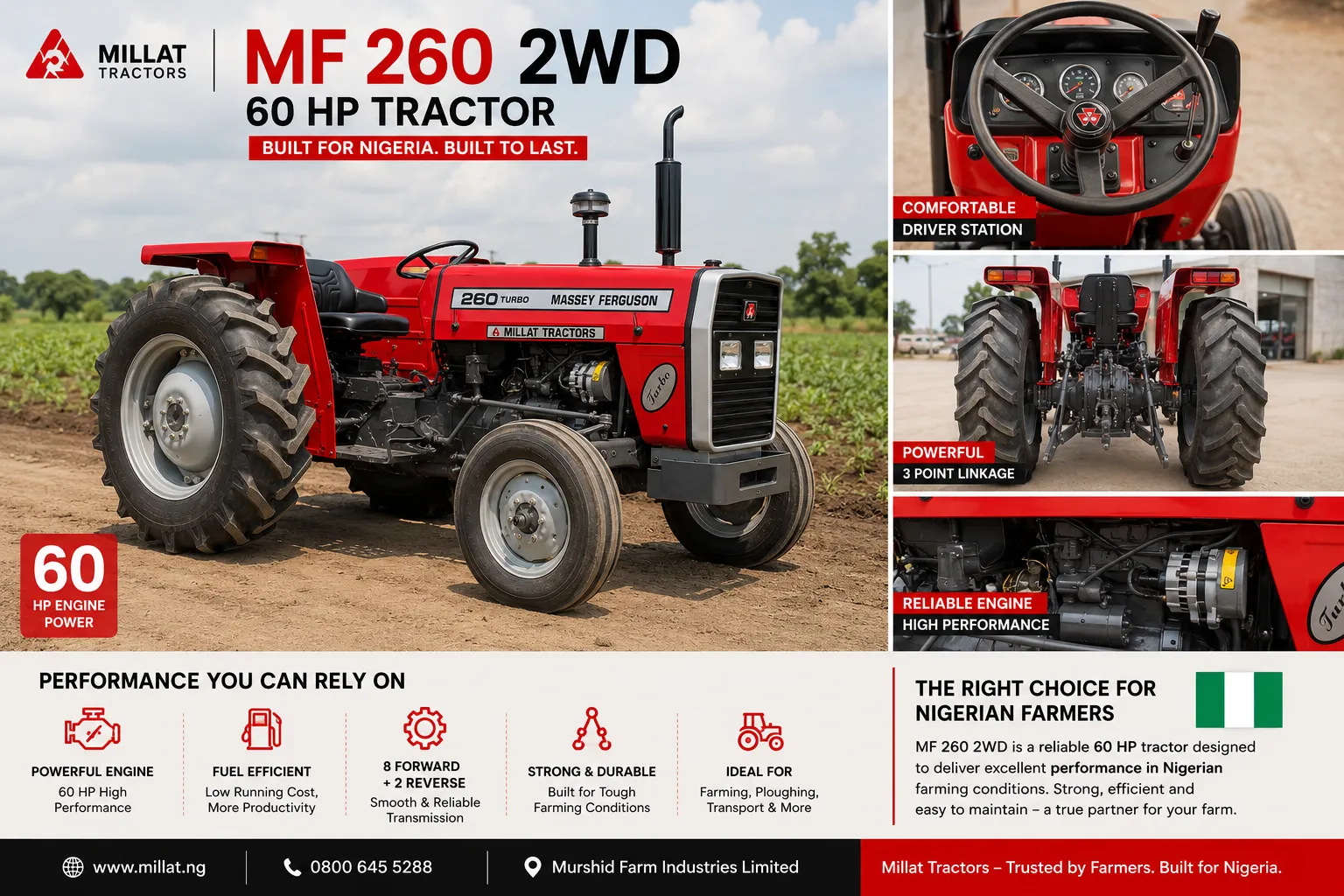MF 260 2WD 60 HP tractor for sale in Nigeria by Millat Tractors