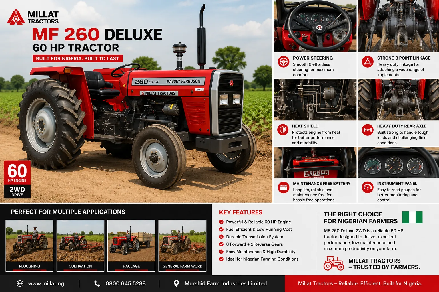 MF 260 Deluxe 60 HP tractor for sale in Nigeria by Millat Tractors