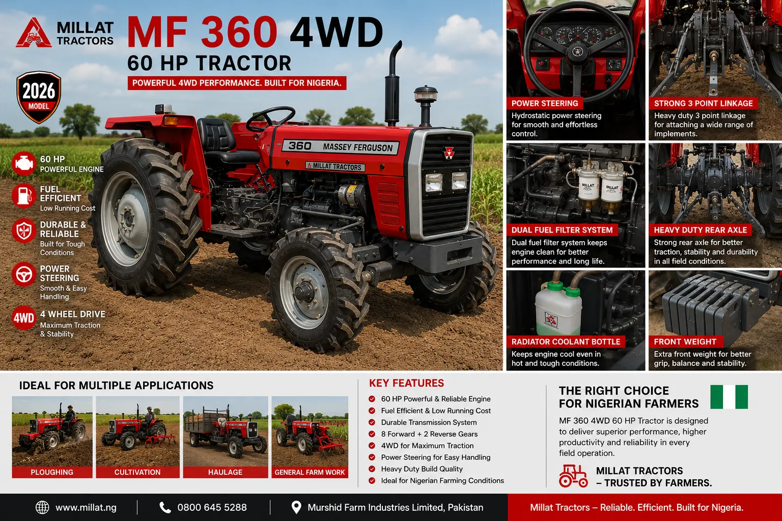 MF 360 4WD 60 HP tractor for sale in Nigeria by Millat Tractors