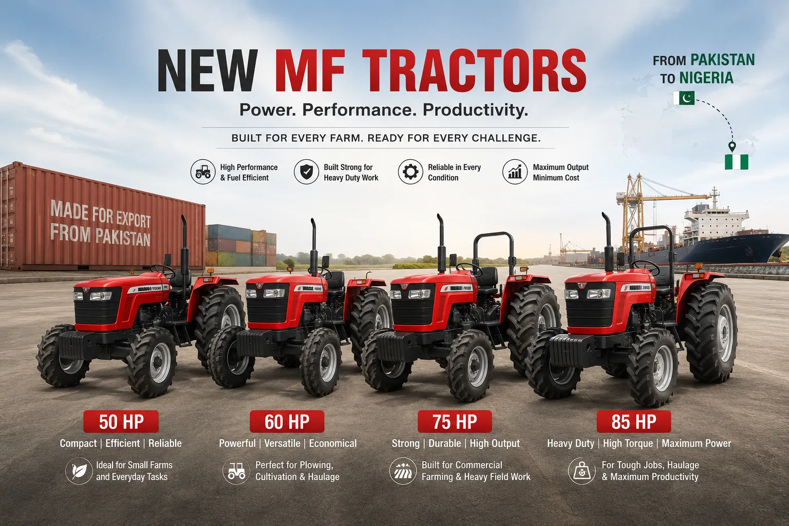 Massey Ferguson tractor export options for Nigerian buyers including 50 HP, 60 HP, 75 HP and 85 HP farm tractors