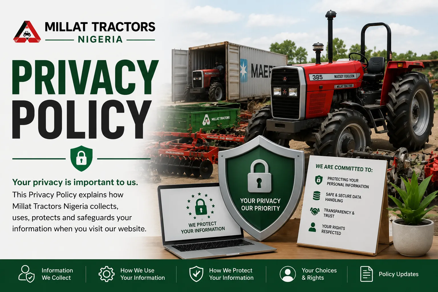 Privacy Policy for Millat Tractors Nigeria showing data protection, user privacy, secure information handling and customer trust