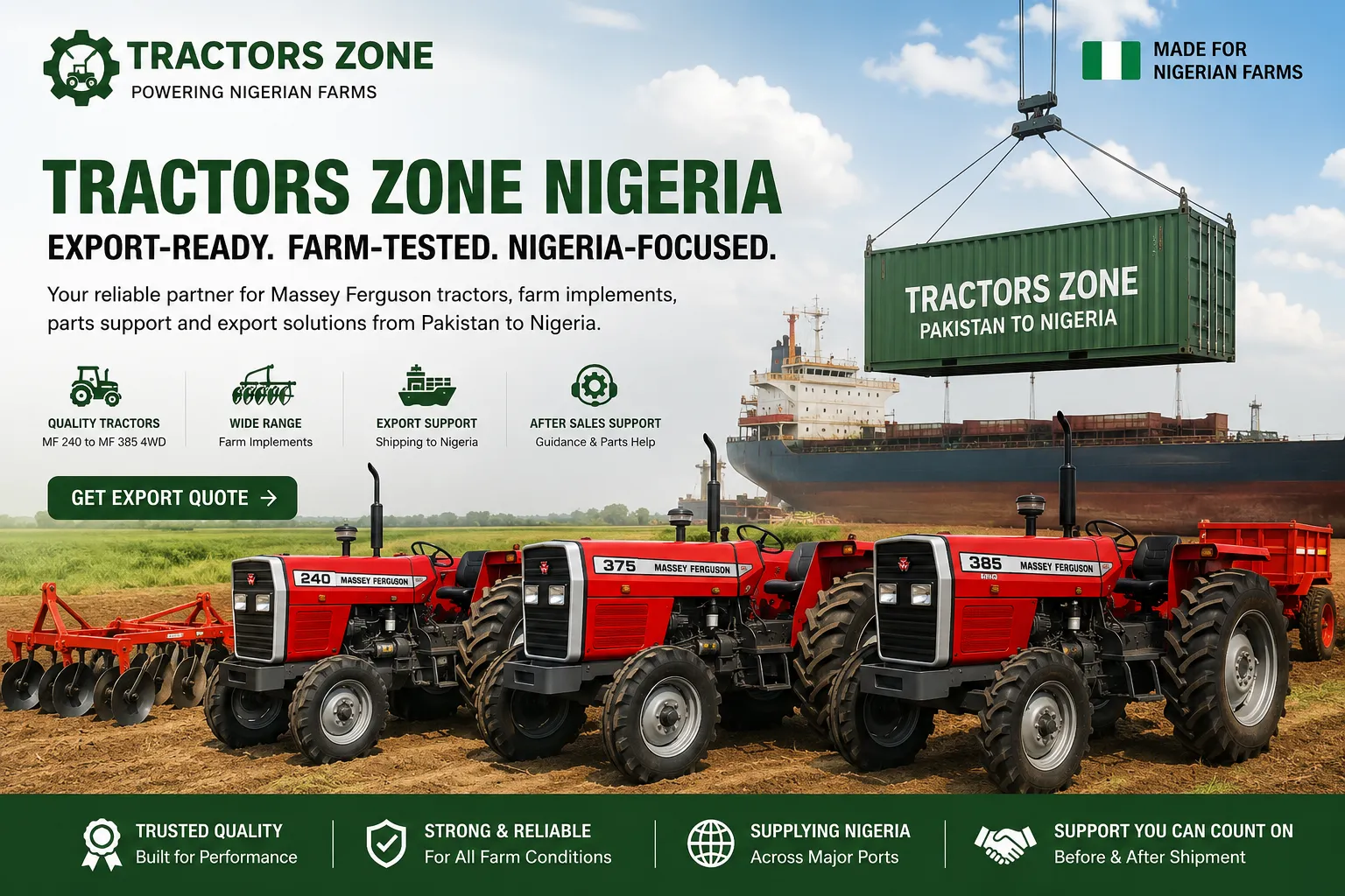 Export-ready Massey Ferguson tractors supplied from Pakistan for Nigerian farming projects including MF 240, MF 375 and MF 385 models